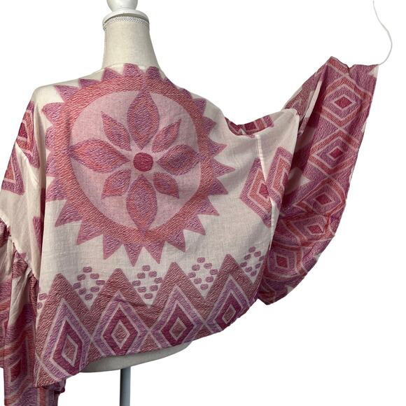 Anthropologie Jacinda Cropped Cardigan Flowy Wide Sleeves Pink White Kimono - Picture 5 of 7